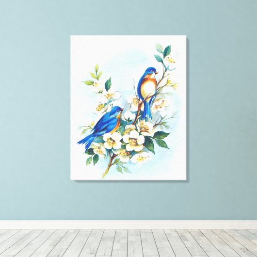 Twee blauwvogels canvas afdruk (Insitu (Houten vloer))