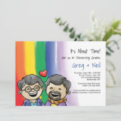 Twee blije kerels uitnodiging voor een homodouchef (Staand voorkant)