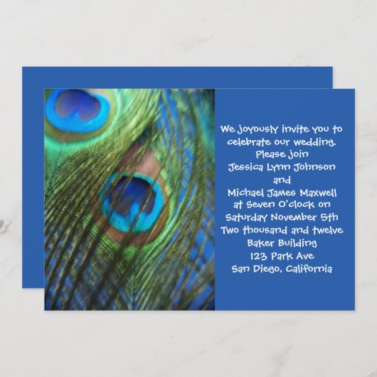 Twee Blue Peacock Feathers bruiloft Uitnodiging (Voorkant / Achterkant)