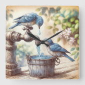 Twee Bluebirds met kraan en oude emmer Vierkante Klok (Voorkant)