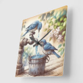 Twee Bluebirds met kraan en oude emmer Vierkante Klok (Hoek)