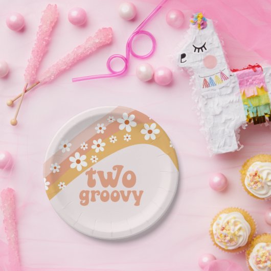 Twee Borden van Groovy Retro Daisy Boho-regenboogp Papieren Bordje (Feest)