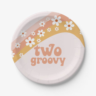 Twee Borden van Groovy Retro Daisy Boho-regenboogp Papieren Bordje