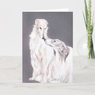 Twee Borzoi Dog Art Canine Folded Wenskaart Kaart