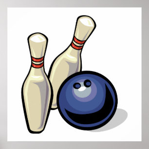 twee bowlingpennen en een bowlingbal poster