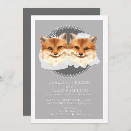 Twee Brides Mrs. en Mrs Fox Thleed Wedding Aankondiging (Voorkant / Achterkant)