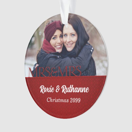 Twee Brides Mrs. & Mrs. Red Damask Foto Ornament (voorkant)
