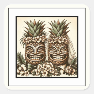 Twee Bruidegoms Hawaiaanse Ananas Tiki Hoofd Retro Vierkante Sticker
