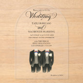 Twee bruidegoms in Rainbow Stropdassen Gay Wedding Acryl Uitnodigingen (Voorkant)
