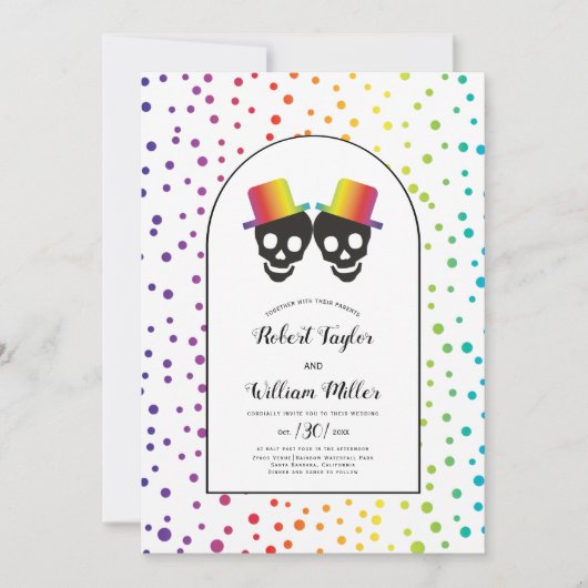 Twee bruidegoms met petten regenboog confetti homo kaart (Voorkant)