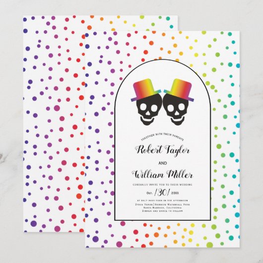 Twee bruidegoms met petten regenboog confetti homo kaart (Voorkant / Achterkant)