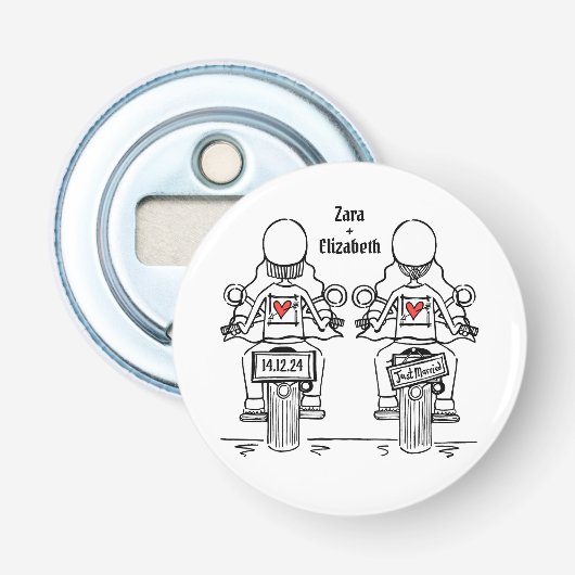 Twee Bruiden Biker Motorfiets Bruiloft Favor Button Flesopener (Voorkant)