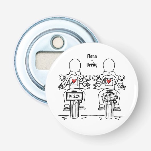 Twee Bruiden Biker Motorfiets Bruiloft Favor Button Flesopener (Voorkant)