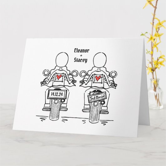 Twee Bruiden Biker Motorfiets Bruiloft Kaart (Gele Bloem)