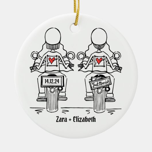Twee Bruiden Biker Motorfiets Bruiloft Keramisch Ornament (Voorkant)
