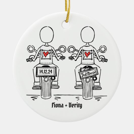 Twee Bruiden Biker Motorfiets Bruiloft Keramisch Ornament (Voorkant)