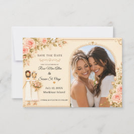 Twee Bruiden Blush Roze Bloem Lesbisch Trouwfoto Save The Date