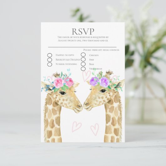 Twee Bruiden Giraffe Gay Lesbisch Bruiloft RSVP (Staand voorkant)