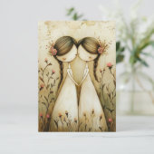 Twee bruiden handgetekende potloodillustratie   RSVP kaartje (Staand voorkant)