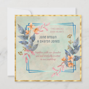Twee Bruiden Lesbische Aquarel Bloemen Trouwen Kaart