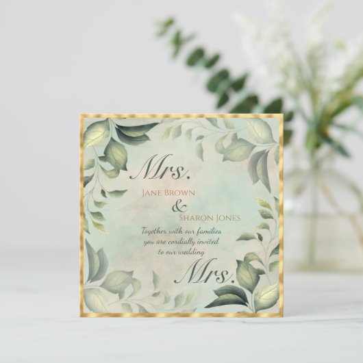 Twee Bruiden Lesbische Aquarel Groene Bloemen Brui Kaart (Staand voorkant)