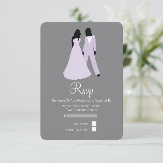 Twee bruiden RSVP bruiloft (Lila en grijs) (Staand voorkant)