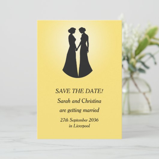 Twee bruiden slaan de datum op save the date (Staand voorkant)