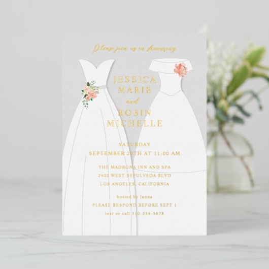 Twee bruiden trouwjurk lesbische koppels bruidsfee folie uitnodiging (Staand Voorkant)
