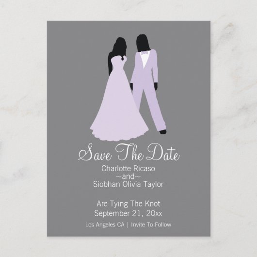 Twee bruidjes bewaren de datumbruiloft (Lila en gr Aankondigingskaart (Voorkant)