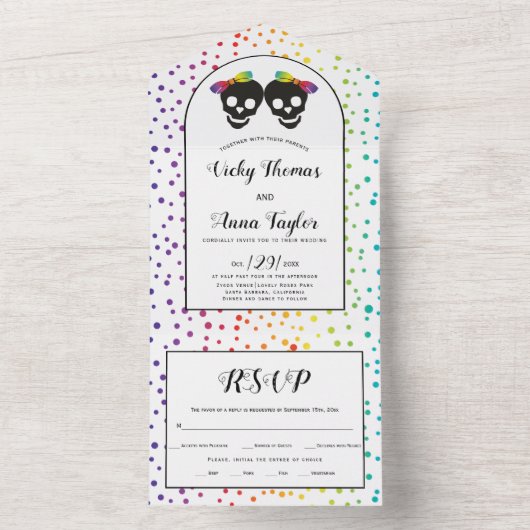 Twee bruidjes confetti regenboogkleuren lesbische  all in one uitnodiging (Binnen)