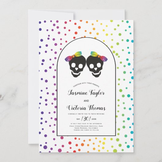 Twee bruidjes confetti regenboogkleuren lesbische  kaart (Voorkant)