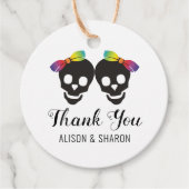 Twee bruidjes en confetti Dank je lesbische bruilo Bedankjes Labels (Voorkant)