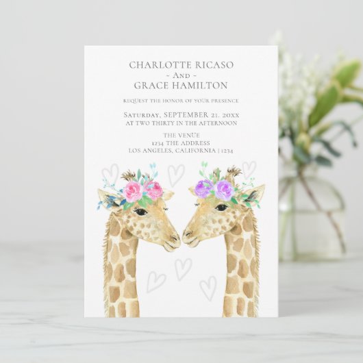 Twee bruidjes Giraffe Gay Wedding Aankondiging (Staand voorkant)