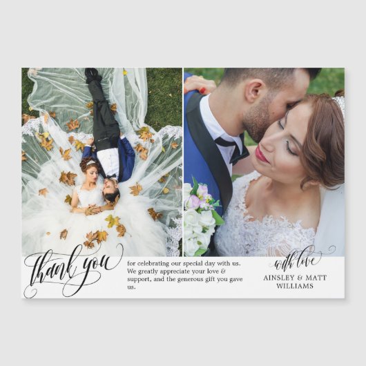 Twee bruiloft foto's Zwemig manuscript Dank u Magnetische Uitnodiging (Voorkant)