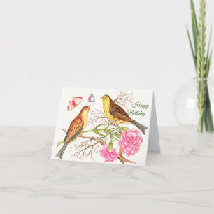 Twee bruine en gele vogels op bijentjes, Birthday Kaart