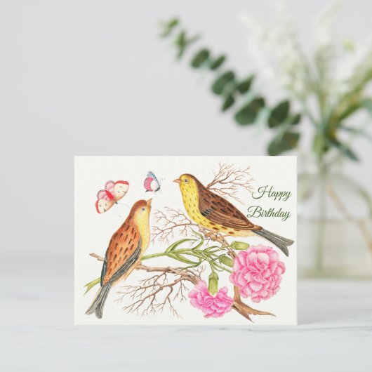 Twee bruine en gele vogels op takken, Verjaardag Briefkaart (Staand voorkant)