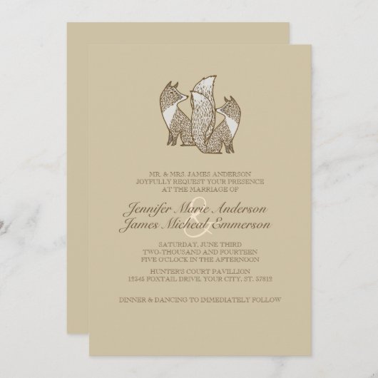 Twee bruine en ivoren feoxes bruiloft-uitnodiginge kaart (Voorkant / Achterkant)