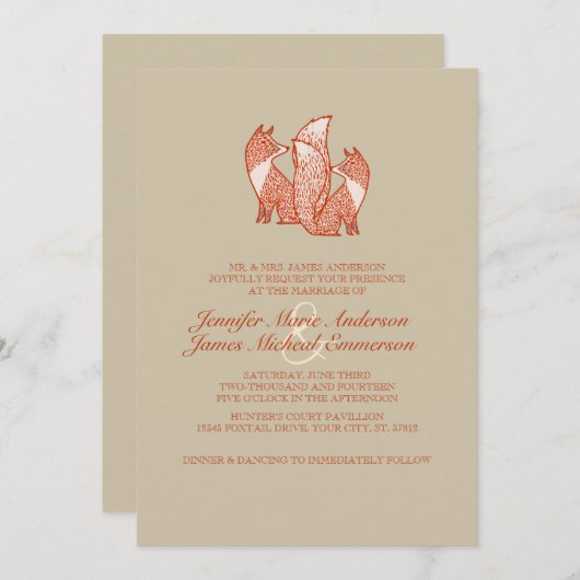 Twee bruine en ivoren vossen bruiloft uitnodiginge kaart (Voorkant / Achterkant)