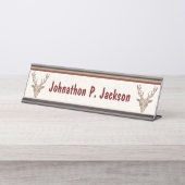 Twee bruine lieve hoofden gewei witte rode randen bureau naambordje (Voorkant)