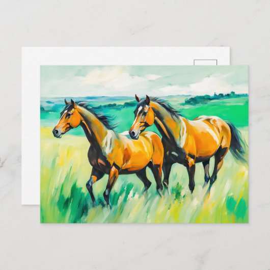 Twee bruine paarden rennen over groene weide briefkaart (Voorkant / Achterkant)
