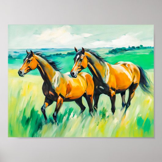 Twee bruine paarden rennen over groene weide poster (Voorkant)