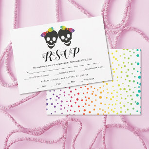 Twee bruine regenboogkleuren confetti lesbische br RSVP kaartje