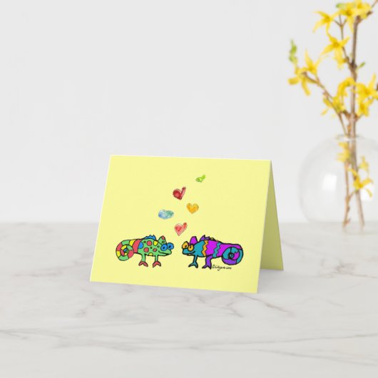 Twee Cartoon Kameleon Valentijnkaart Kaart (Gele Bloem)