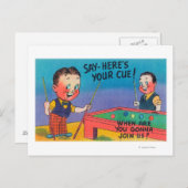 Twee Cartoon Mannen Play Pool, hier is je cue Briefkaart (Voorkant / Achterkant)