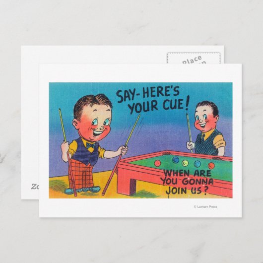 Twee Cartoon Mannen Play Pool, hier is je cue Briefkaart (Voorkant / Achterkant)