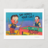 Twee Cartoon Mannen Play Pool, hier is je cue Briefkaart (Voorkant)