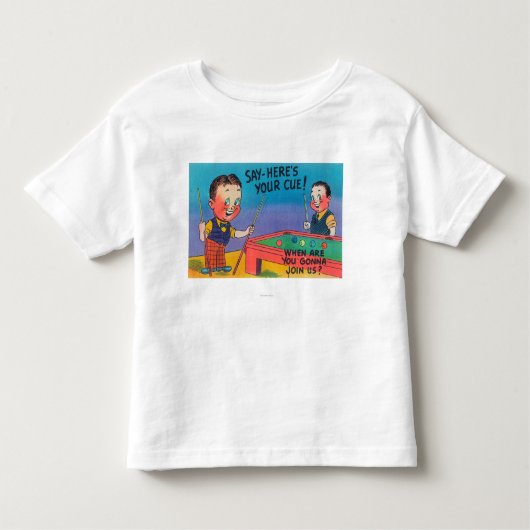 Twee Cartoon Mannen Play Pool, hier is je cue Kinder Shirts (Voorkant)