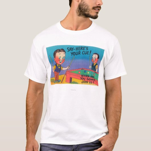 Twee Cartoon Mannen Play Pool, hier is je cue T-shirt (Voorkant)
