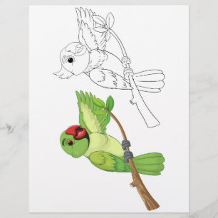 Twee cartoon papegaaien op een tak, een gekleurd,  flyer