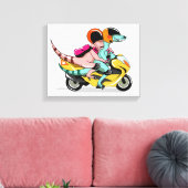 Twee Cartoon Raptors rijden op een motorscooter. Canvas Afdruk (Insitu (Woonkamer))